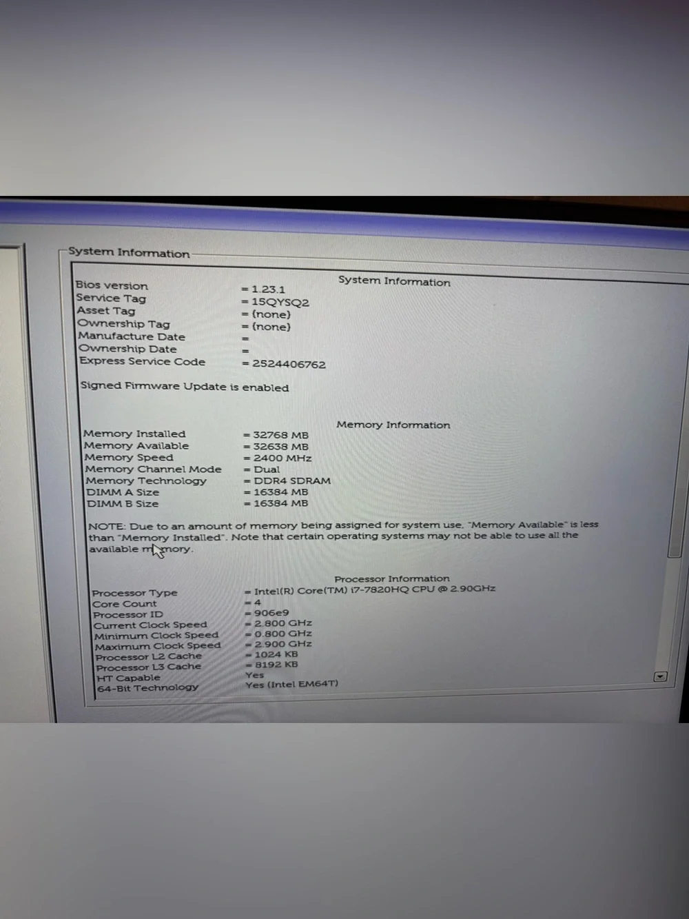 Intel Silver and White Laptop System Information Screen